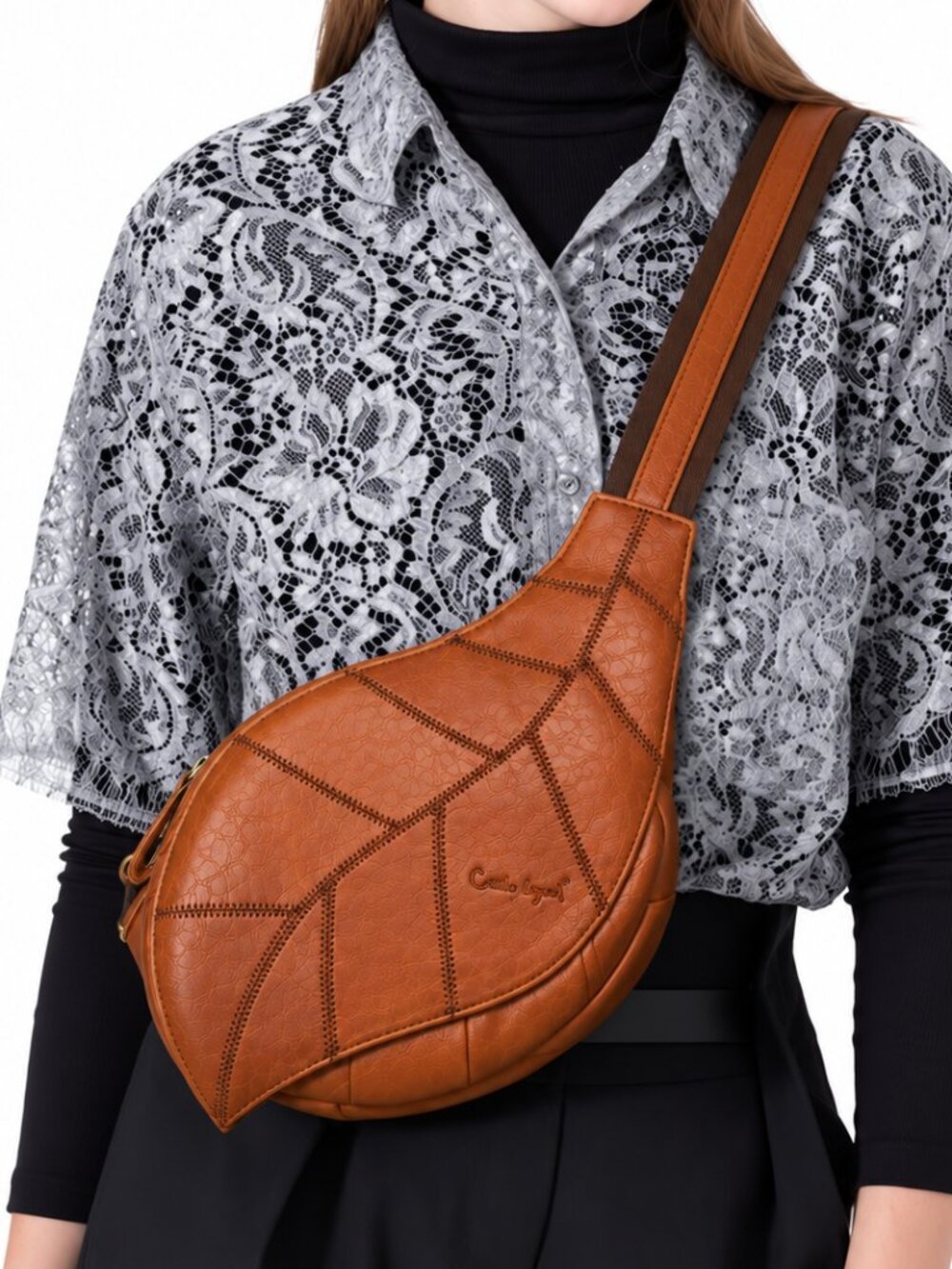 COBBLER LEGEND Leather Sling Bag Brown Leaf Crossbody Shoulder Purse Boho
